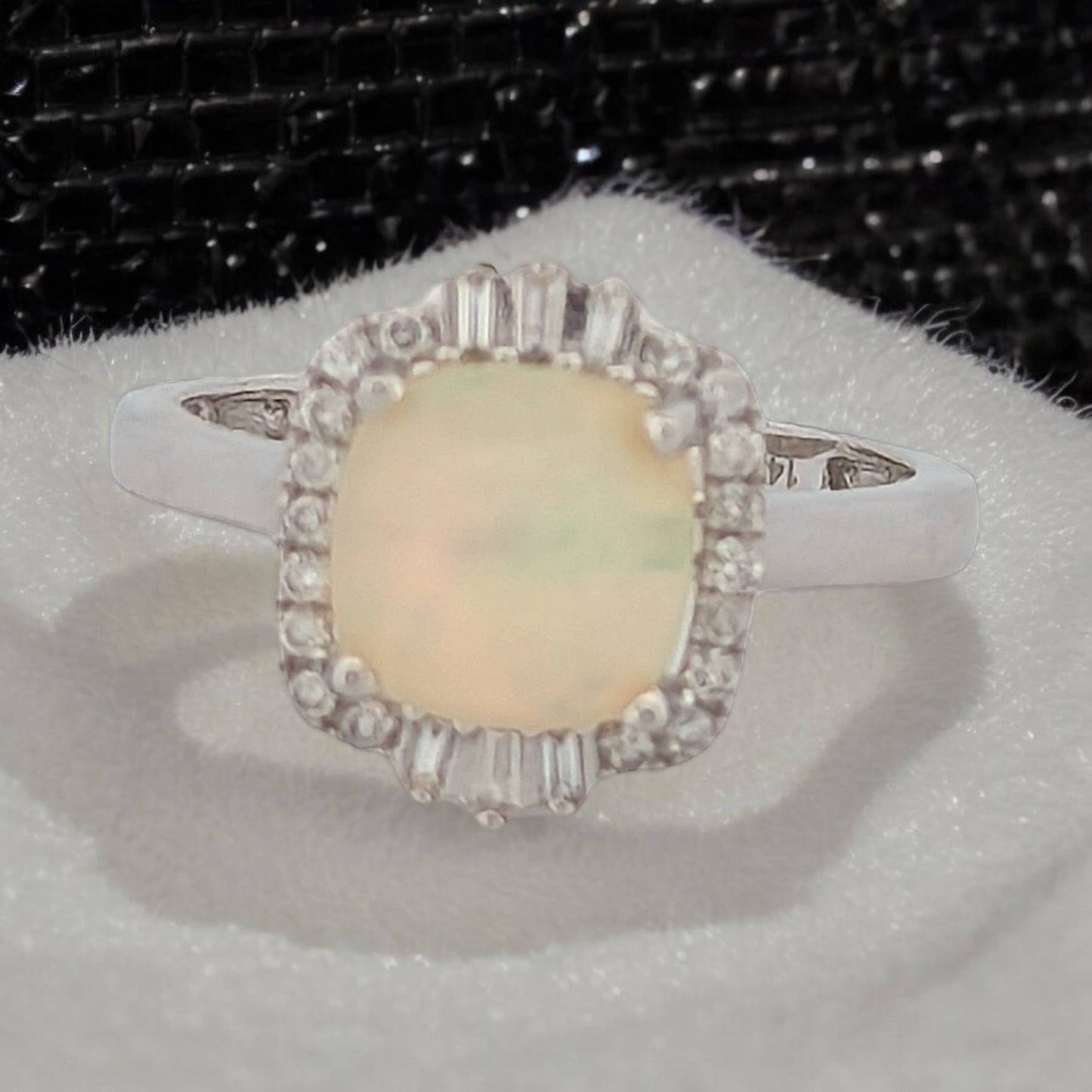 Nicole | Elegant 14K White Gold Opal and Diamond Ring | 0.4 Carat Natural Ethiopian Opal | 0.21 Carats Diamonds Half Eternity Band for Women