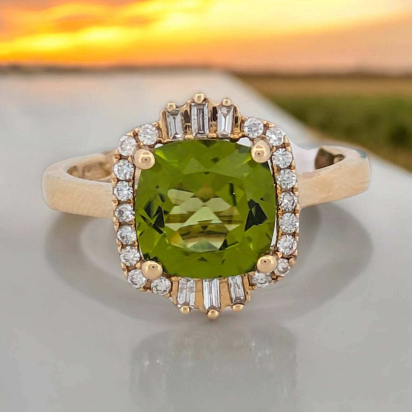 Natalie | 14k Yellow Gold Cushion Cut Peridot Ring|  2.05 carat Peridot and .21 carat Natural Diamond Halo Ring| Baguette Ring