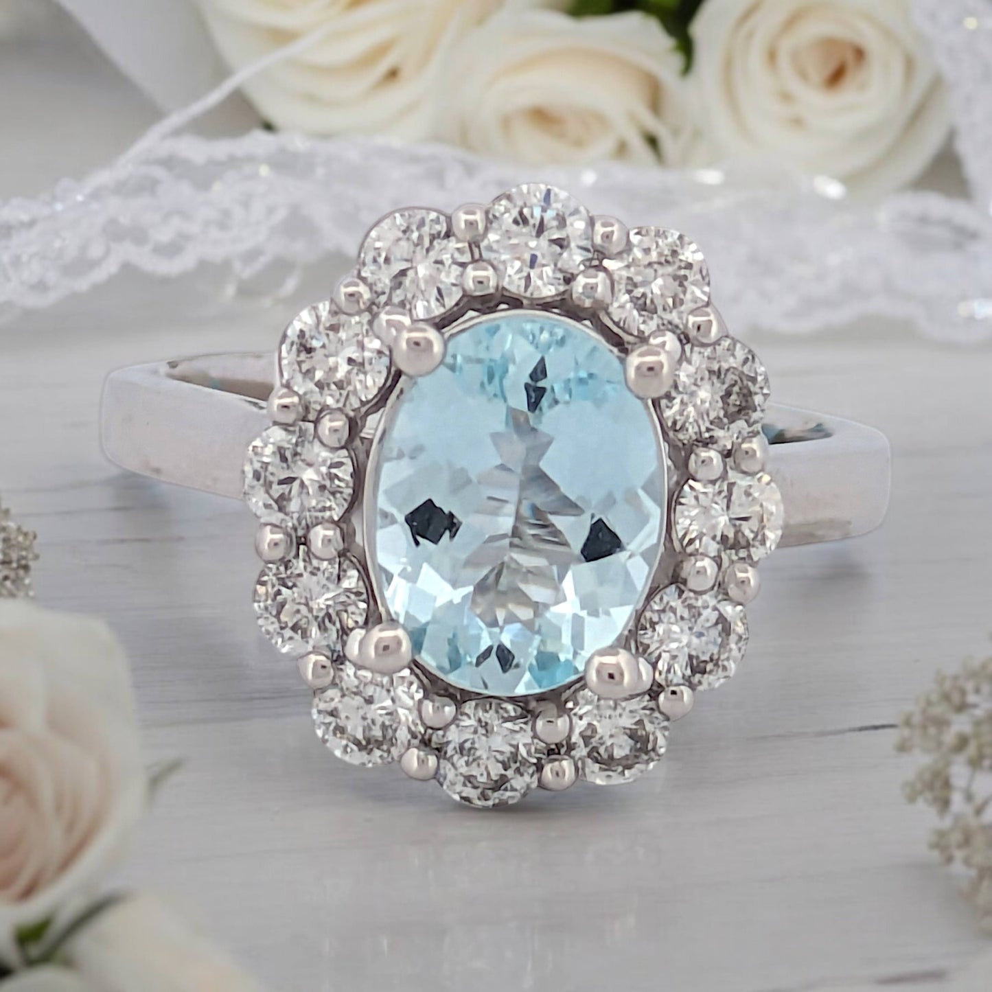 14k White Gold Ring with 1.5 CT Oval Natural Aquamarine & 1 Carat Diamond Halo – Elegant Fine Jewelry for Refined, Graceful Style