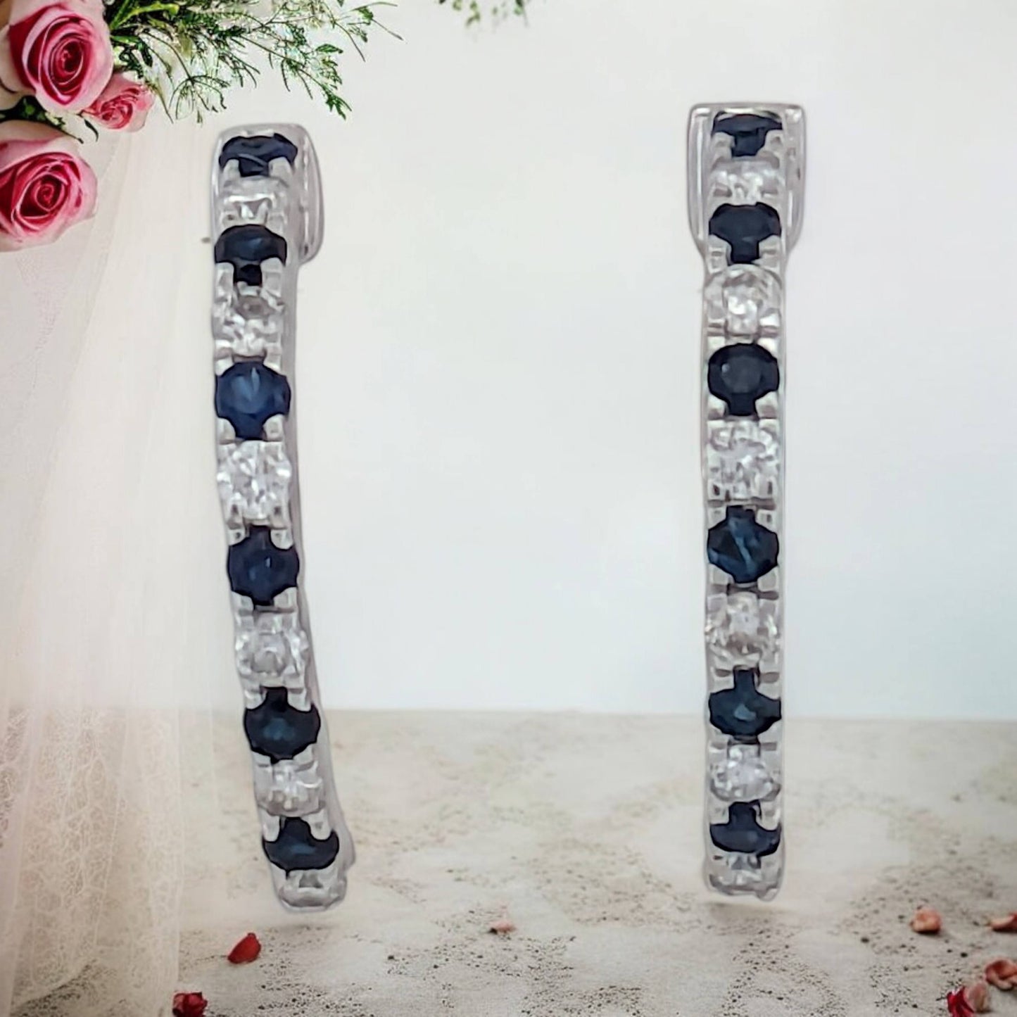 Julia | 14k White Gold Hoop Earrings with .15 Ct Natural Sapphires & .12 Ct Natural Diamonds - Stunning Gemstone Gift Jewelry