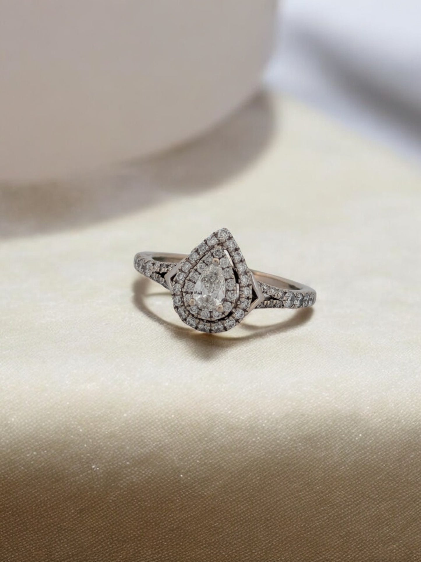 Susan | 14k White Gold Ring with 1/2 Carat Natural Diamond, Pear-Shaped Center with Double Halo, Elegant Engagement or Anniversary Gift, Size 8.5