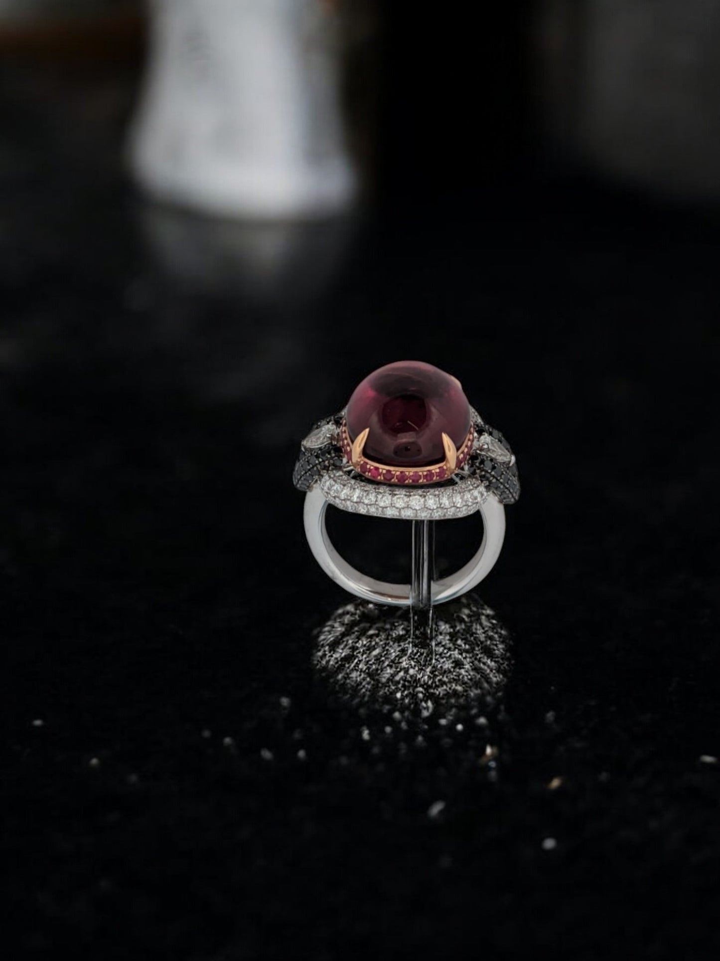 Annalise | 18k White Gold Ring with Center Ruby and 2.14 CTW Diamond Halo, Elegant Fine Jewelry Gift, Unique Gemstone Ring, Size 6.5