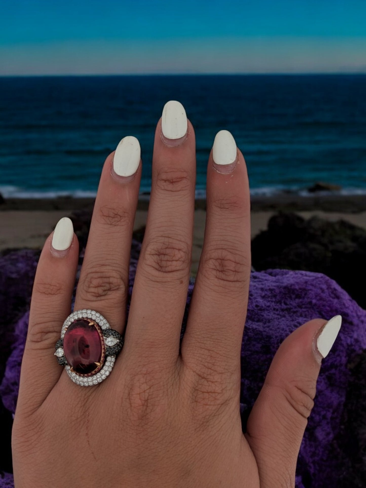 Annalise | 18k White Gold Ring with Center Ruby and 2.14 CTW Diamond Halo, Elegant Fine Jewelry Gift, Unique Gemstone Ring, Size 6.5