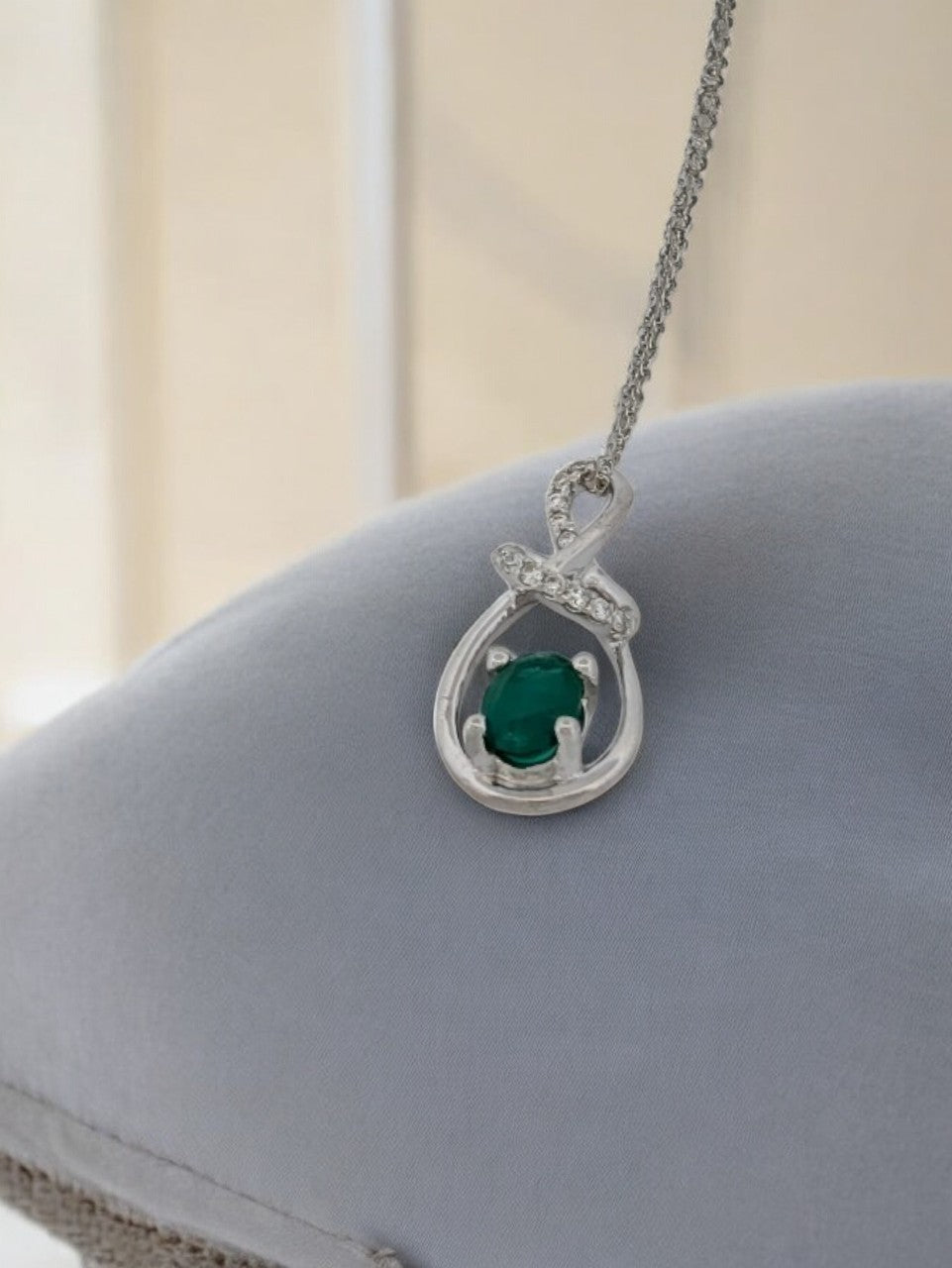 Candace | 14k White Gold Necklace And Pendant With A .44 Ct Oval Emerald And .05 Carats Of Diamonds