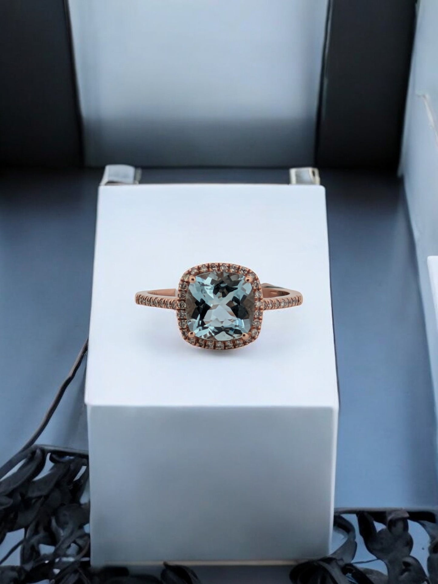 Naomi | 14k Rose Gold Ring with 1.85 Ct Cushion Cut Aquamarine & .18 Ct Diamond Halo - Elegant Fine Jewelry Gift