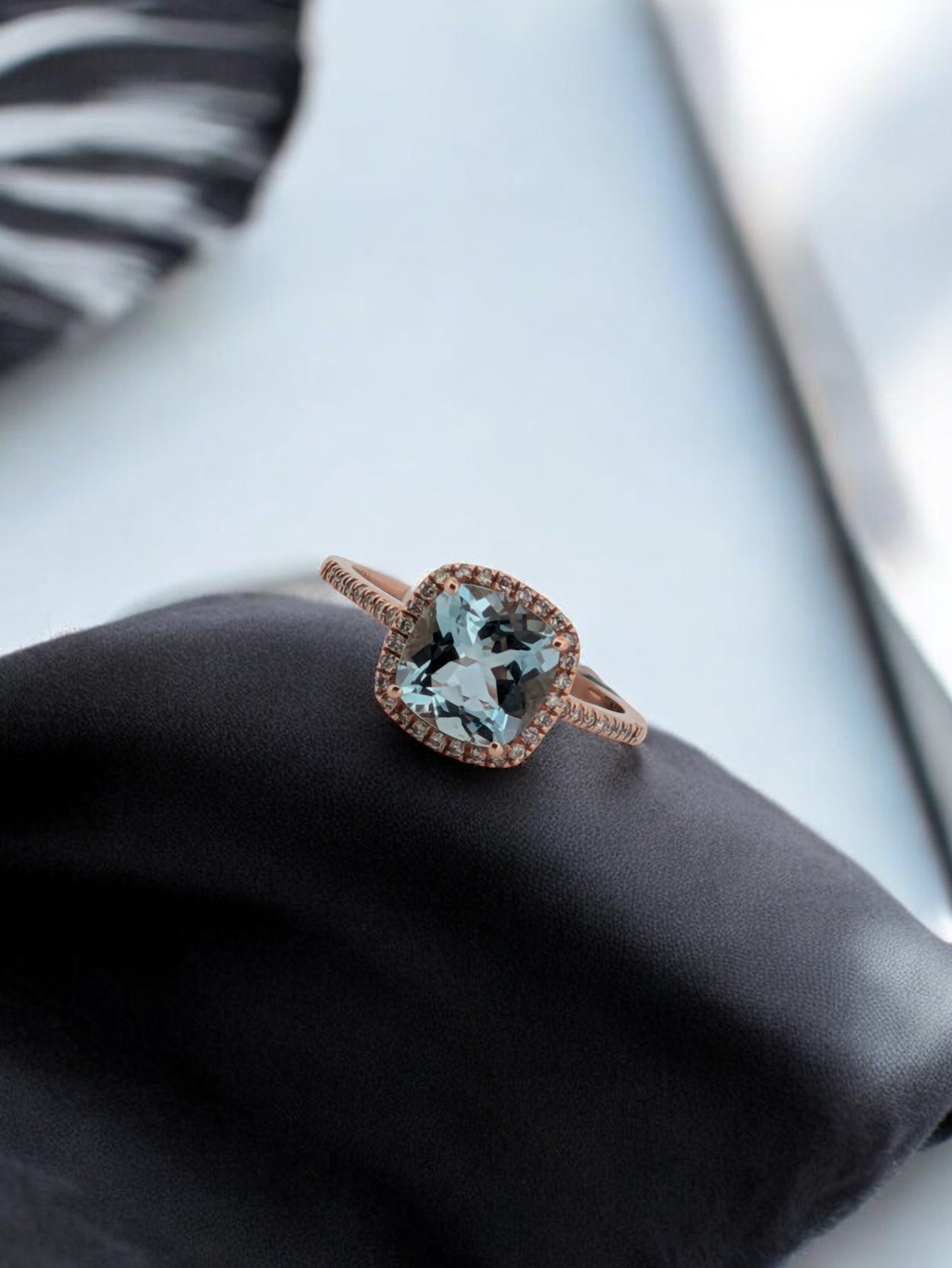 Naomi | 14k Rose Gold Ring with 1.85 Ct Cushion Cut Aquamarine & .18 Ct Diamond Halo - Elegant Fine Jewelry Gift