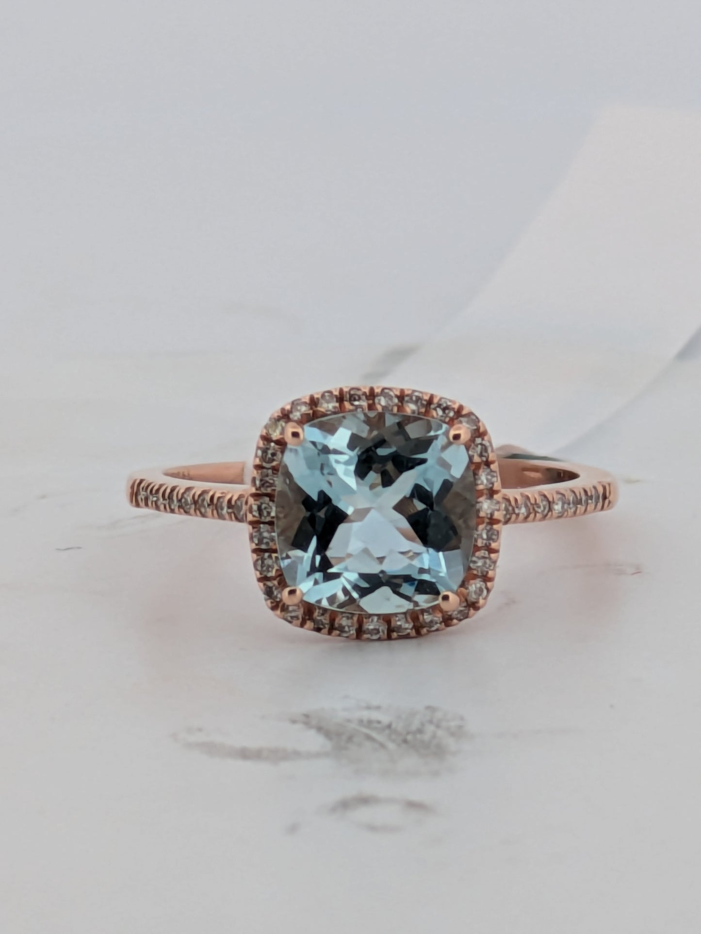 Naomi | 14k Rose Gold Ring with 1.85 Ct Cushion Cut Aquamarine & .18 Ct Diamond Halo - Elegant Fine Jewelry Gift