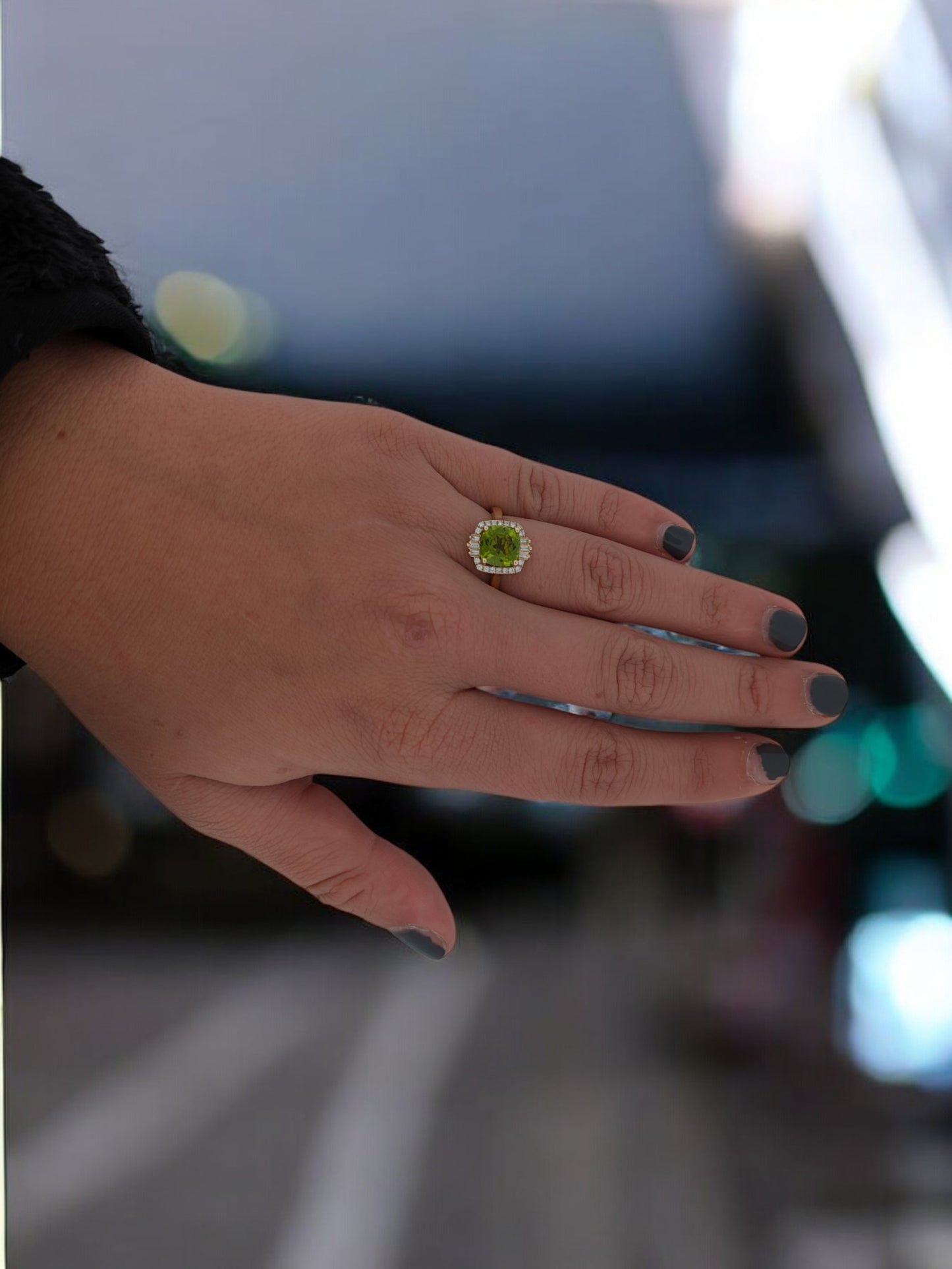 Natalie | 14k Yellow Gold Cushion Cut Peridot Ring|  2.05 carat Peridot and .21 carat Natural Diamond Halo Ring| Baguette Ring