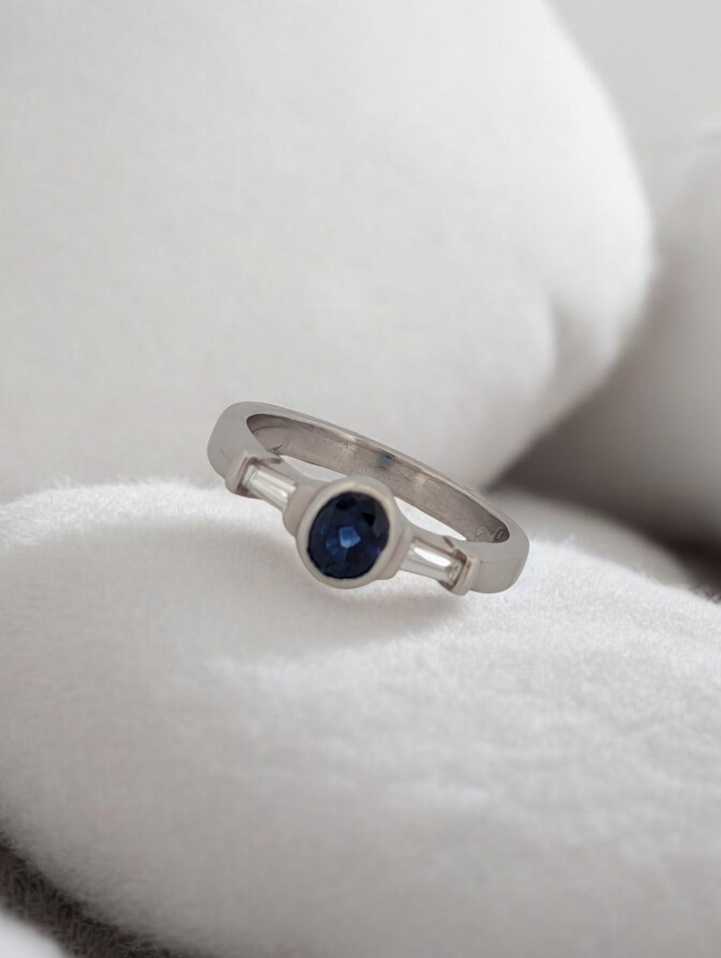 Whitney | Custom 14k White Gold Ring with Bezel-Set Sapphire and Natural Diamond Baguettes, Unique Fine Jewelry Gift, Elegant Design