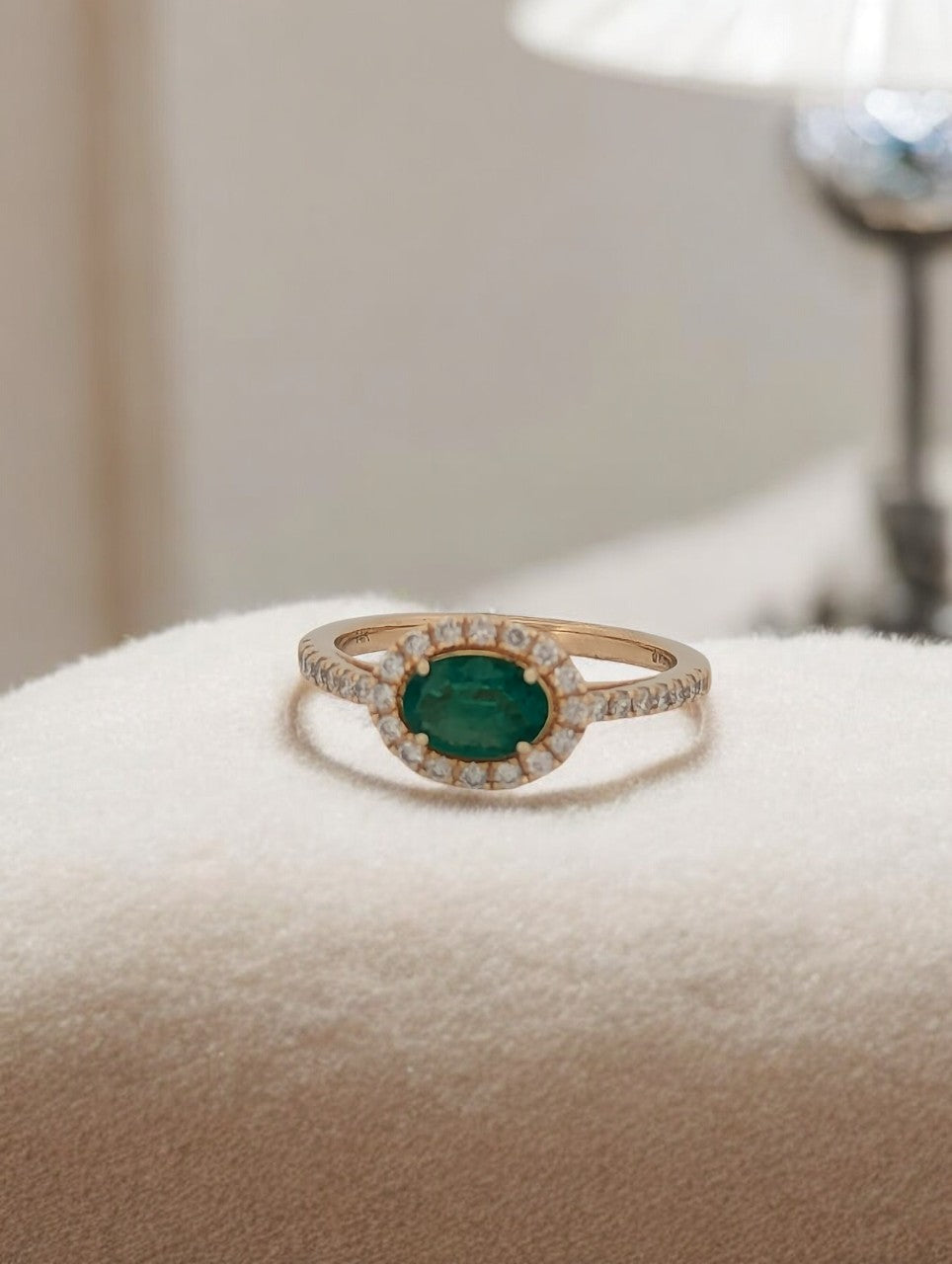 Thea | 14k Yellow Gold Ring with 0.75 Carat East-West Oval Cut Emerald & 0.33 CTW Diamond Halo - Elegant Gemstone Jewelry Gift for Her