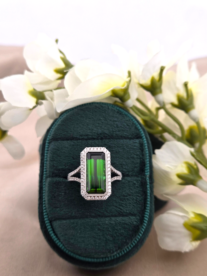 Marah | 14k White Gold | Green Tourmaline and Diamond | Ring
