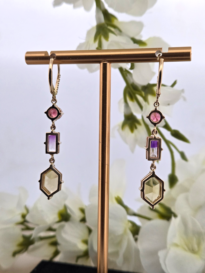 Amari | 14k Yellow Gold | Citrine, Tourmaline, & Ametrine | Earrings