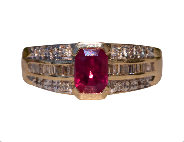 The Red Bay: Yellow Gold Ring set with Emerald Cut Lab Grown Ruby and Diamonds