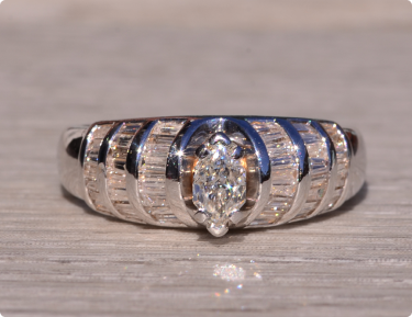 The Rochefort: Vintage White Gold Engagement Ring Set with Marquise Diamond