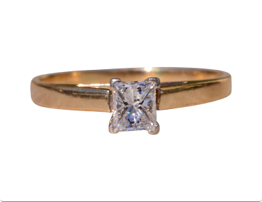 The Mentone: Signed Yellow Gold Solitaire Engagement Ring with Princess Cut Natural Diamond