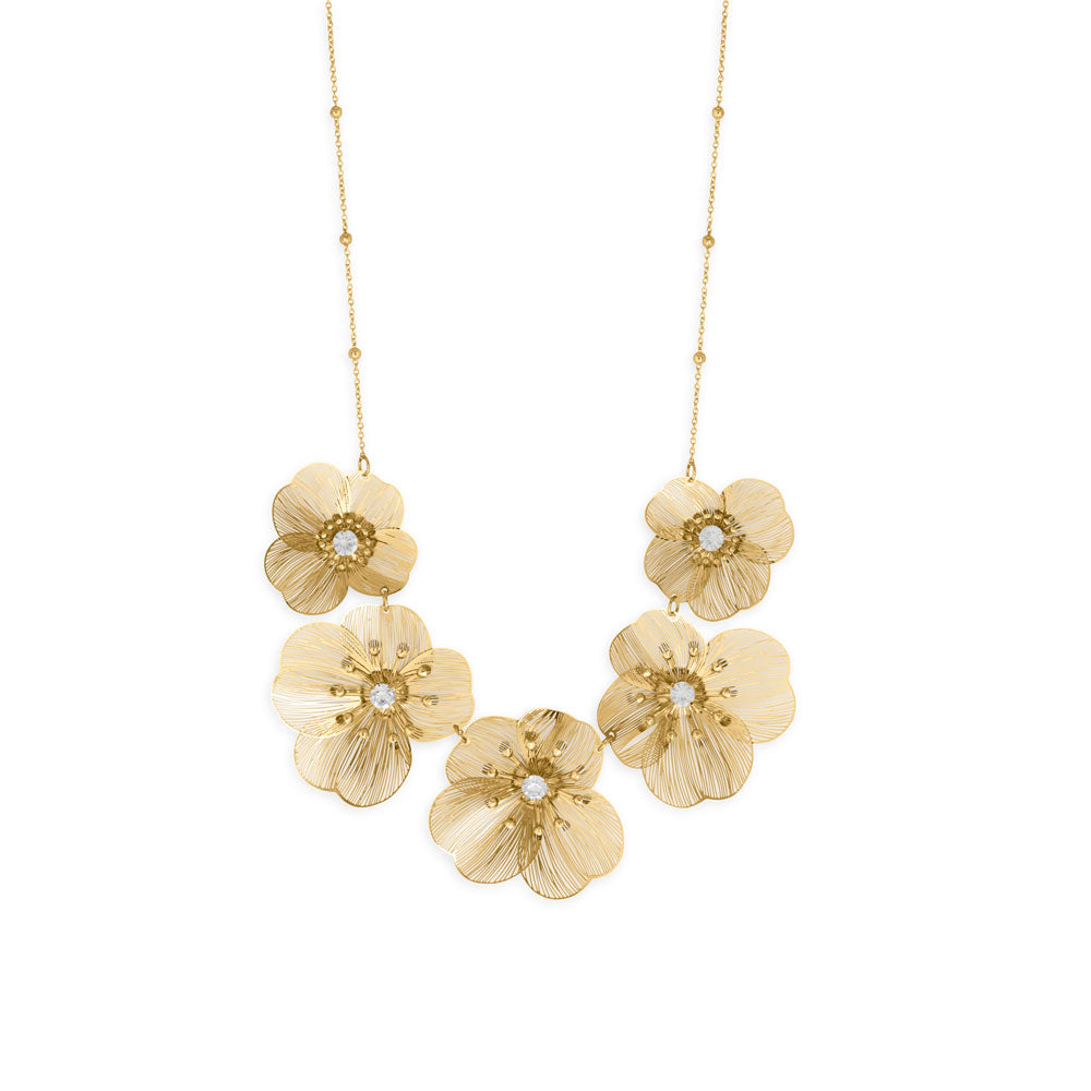16 + 3 Gold Tone Crystal Flower Fashion Statement Necklace