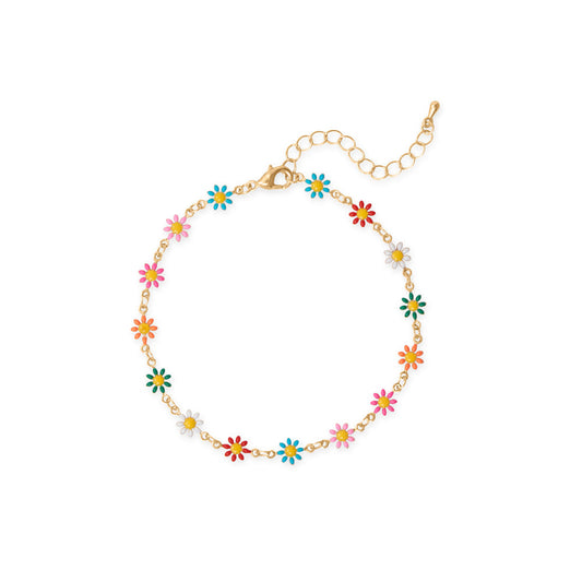 9 + 2 Gold Tone Multi Color Enamel Flower Fashion Anklet