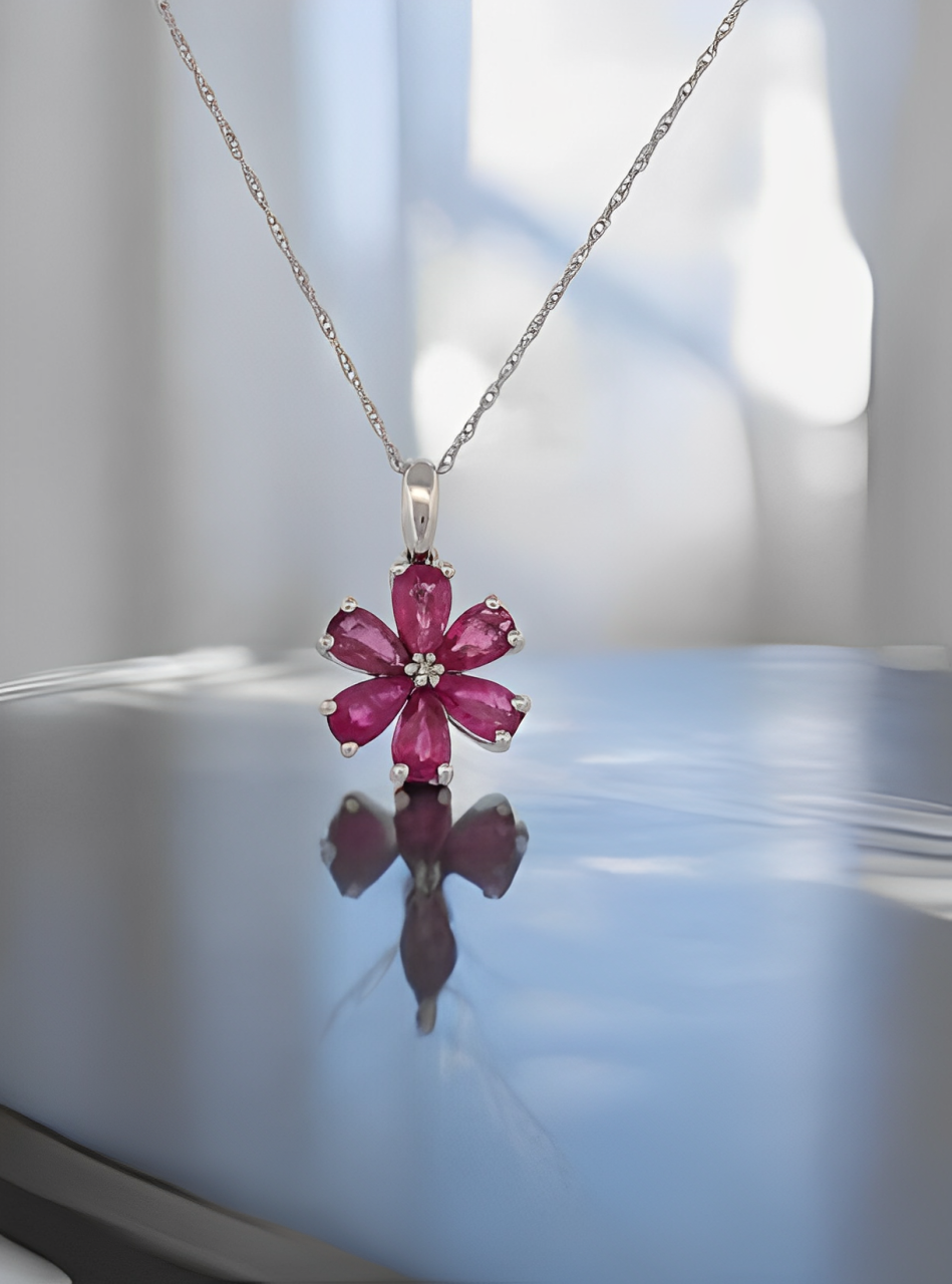 Dorothy | 10K White Gold Necklace with Natural Rubies and Diamond Centerpiece – Elegance Redefined