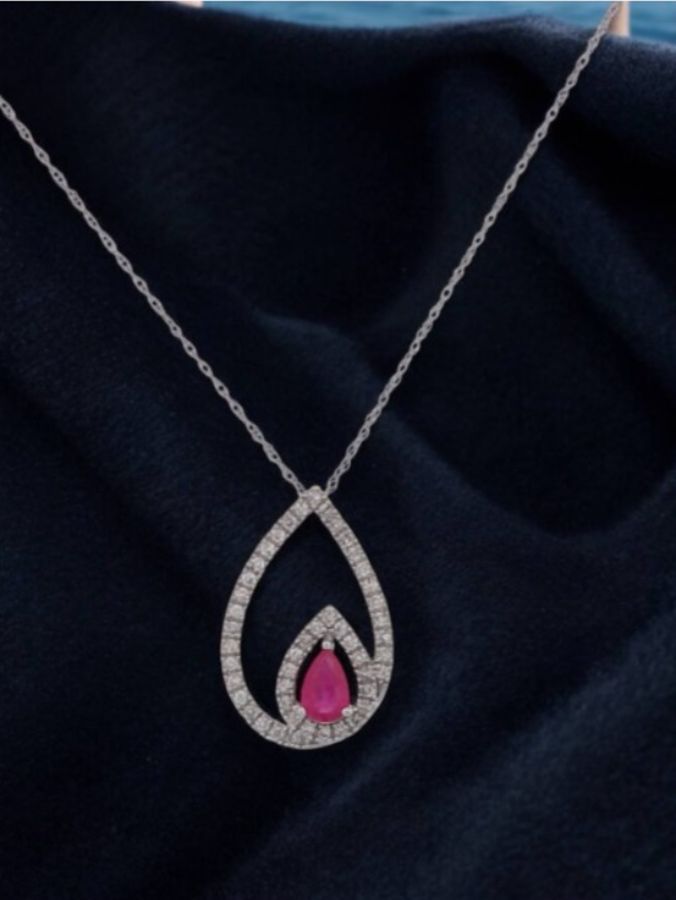 Camila | Pear-Shaped Ruby & Diamond Halo Necklace, 33 ctw Round Diamond Halo Pendent Necklace,  Oval Ruby and Natural Diamond Pendent 18