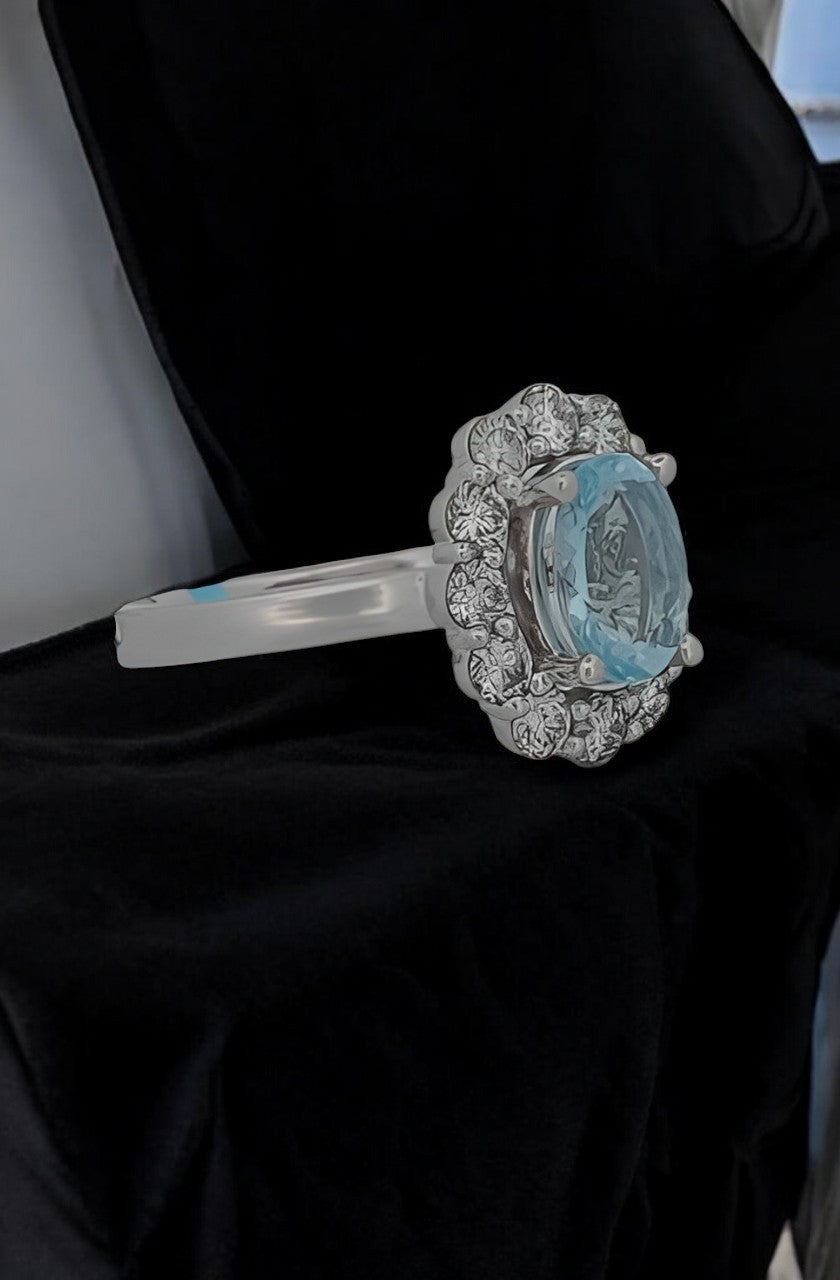 14k White Gold Ring with 1.5 CT Oval Natural Aquamarine & 1 Carat Diamond Halo – Elegant Fine Jewelry for Refined, Graceful Style