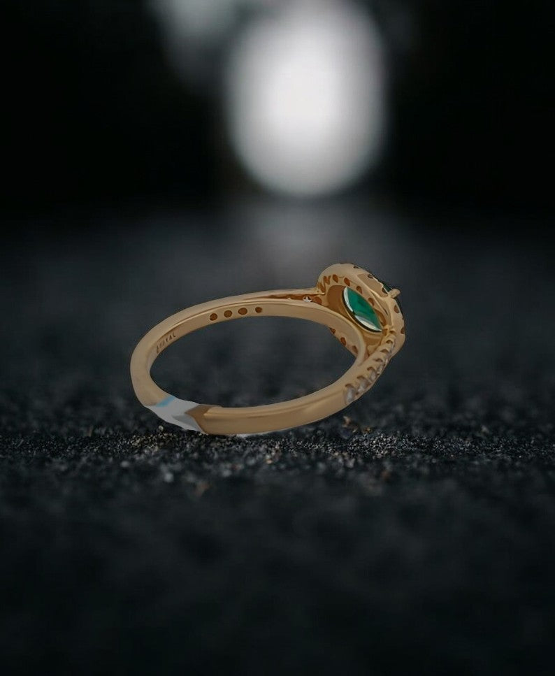 Thea | 14k Yellow Gold Ring with 0.75 Carat East-West Oval Cut Emerald & 0.33 CTW Diamond Halo - Elegant Gemstone Jewelry Gift for Her