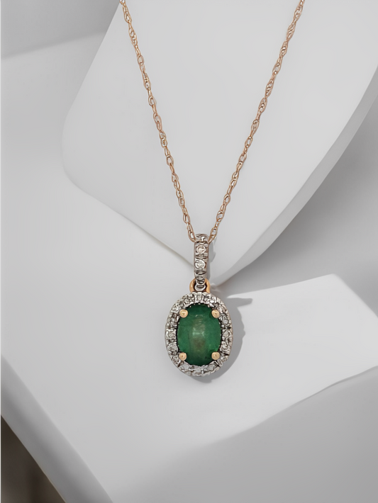 Eleanor 14k Yellow Gold Emerald Necklace| Diamond Necklace in Halo Setting|1 Carat Emerald and 1/4 ctw of Natural Diamonds