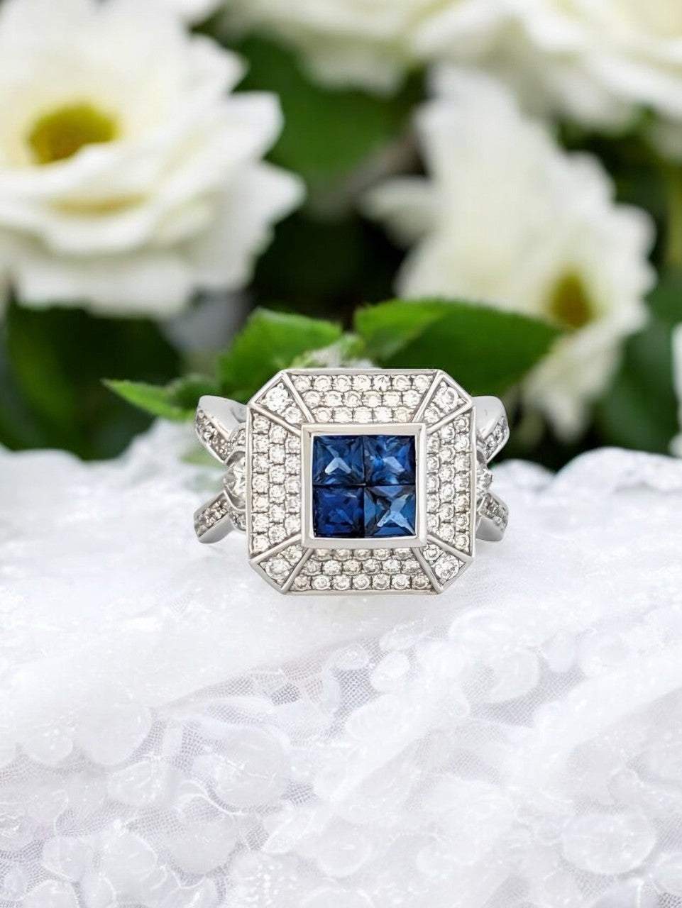 Lucy 14K White Gold Diamond Sapphire Ring| Blue Sapphire & Diamonds| Round Cut Diamond Square |Princess Cut Diamonds 1.30 ct Size 6.75