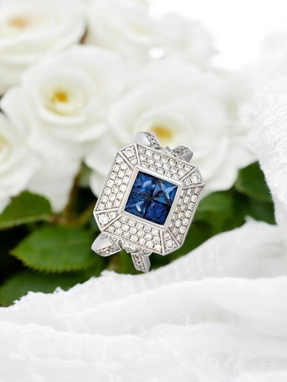 Lucy 14K White Gold Diamond Sapphire Ring| Blue Sapphire & Diamonds| Round Cut Diamond Square |Princess Cut Diamonds 1.30 ct Size 6.75