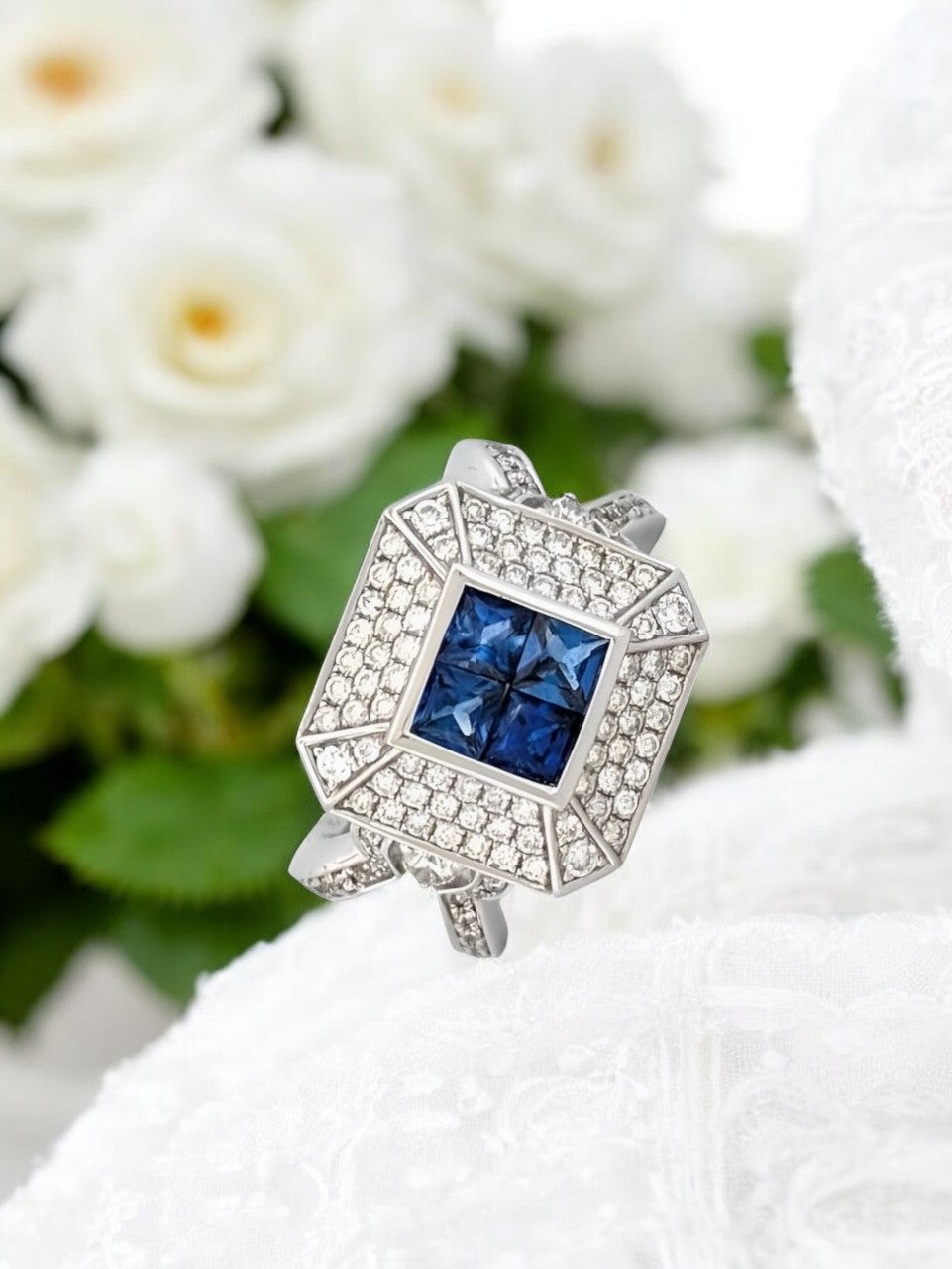 Lucy 14K White Gold Diamond Sapphire Ring| Blue Sapphire & Diamonds| Round Cut Diamond Square |Princess Cut Diamonds 1.30 ct Size 6.75