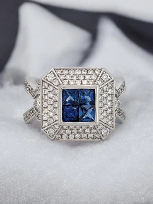 Lucy 14K White Gold Diamond Sapphire Ring| Blue Sapphire & Diamonds| Round Cut Diamond Square |Princess Cut Diamonds 1.30 ct Size 6.75