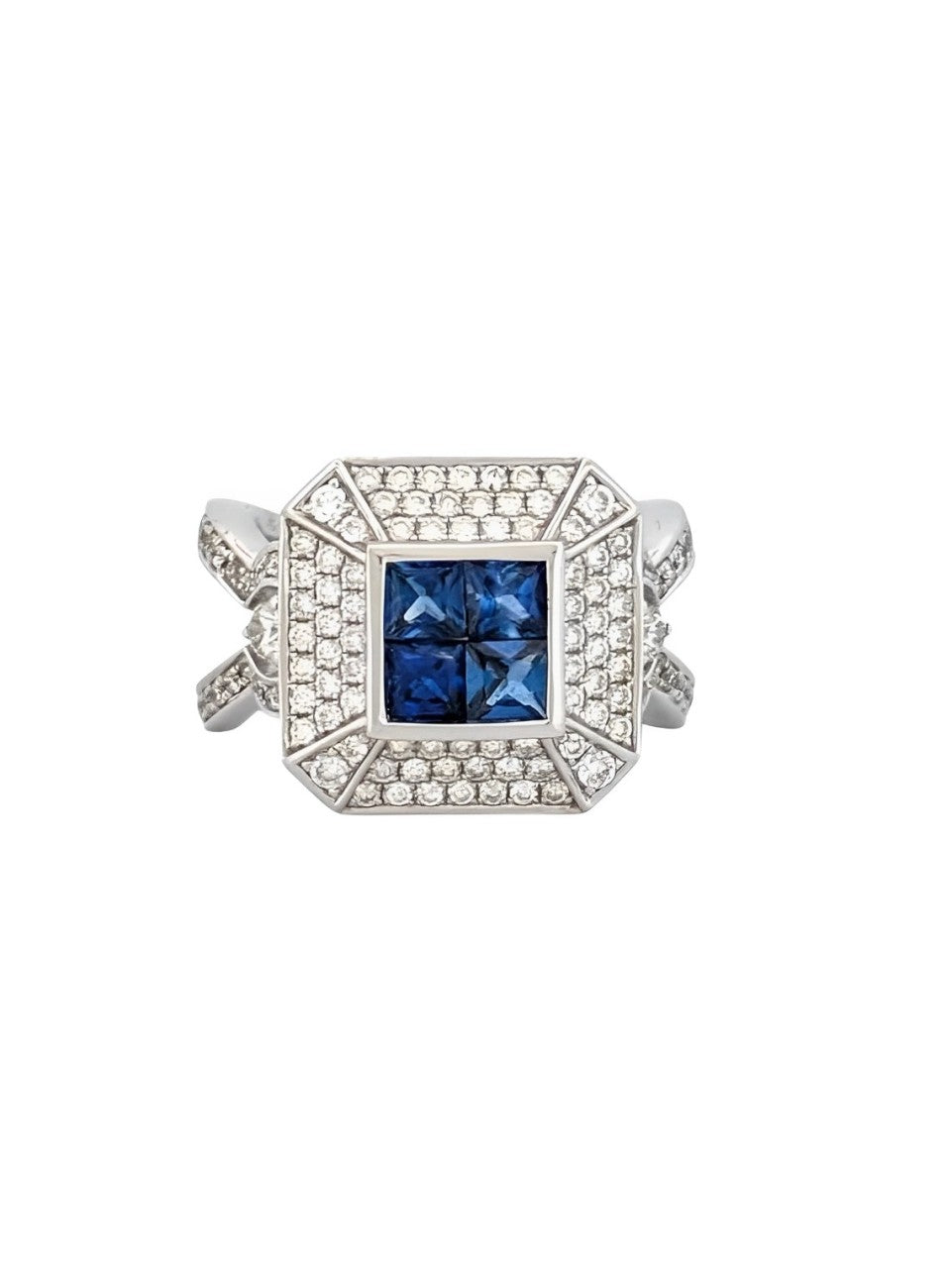 Lucy 14K White Gold Diamond Sapphire Ring| Blue Sapphire & Diamonds| Round Cut Diamond Square |Princess Cut Diamonds 1.30 ct Size 6.75