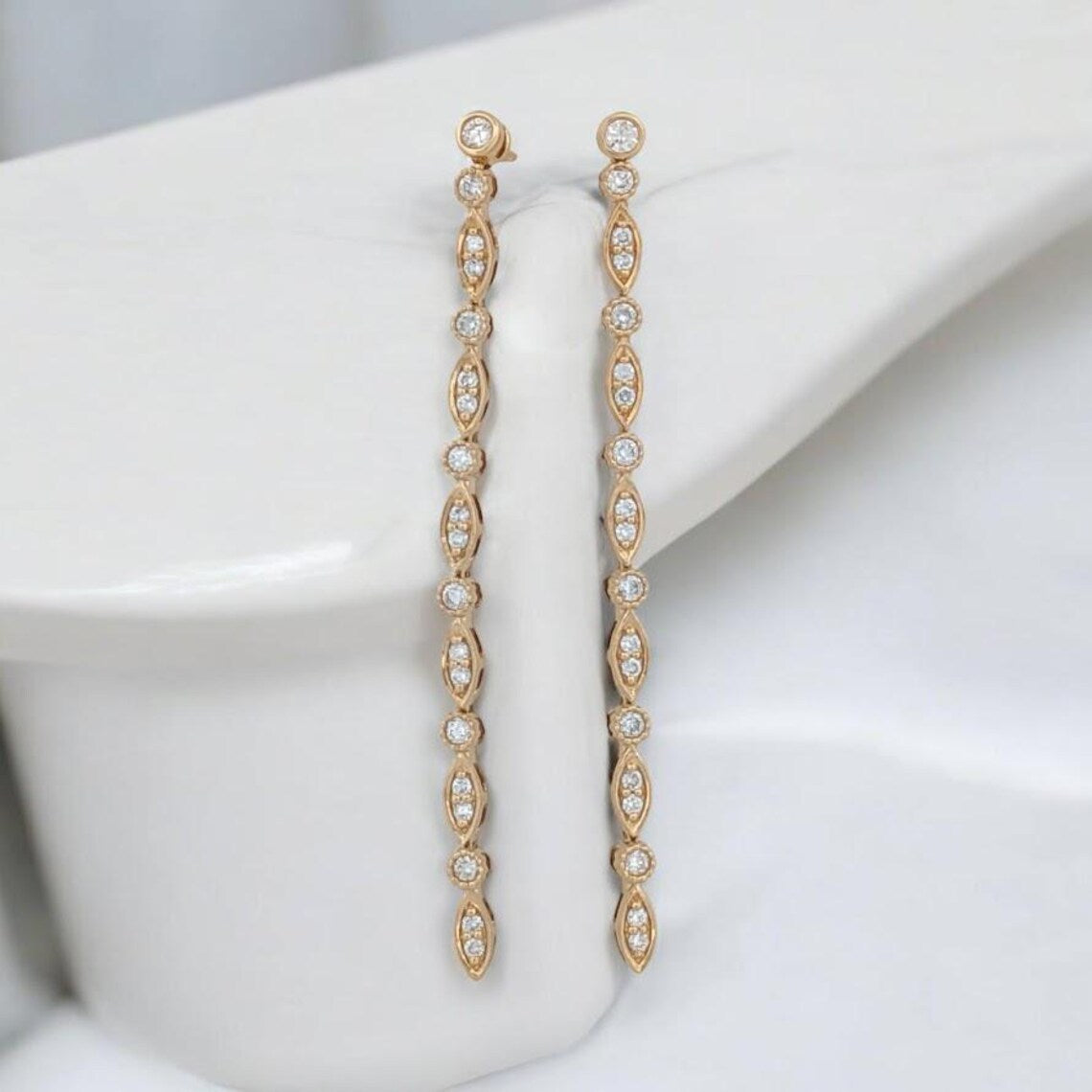 Bethany | 47ctw Diamond Dangle Earrings |  Long Dangle Statement Earrings 14k Yellow Gold Drop Earrings| Diamond Drop and Dangle Jewelry