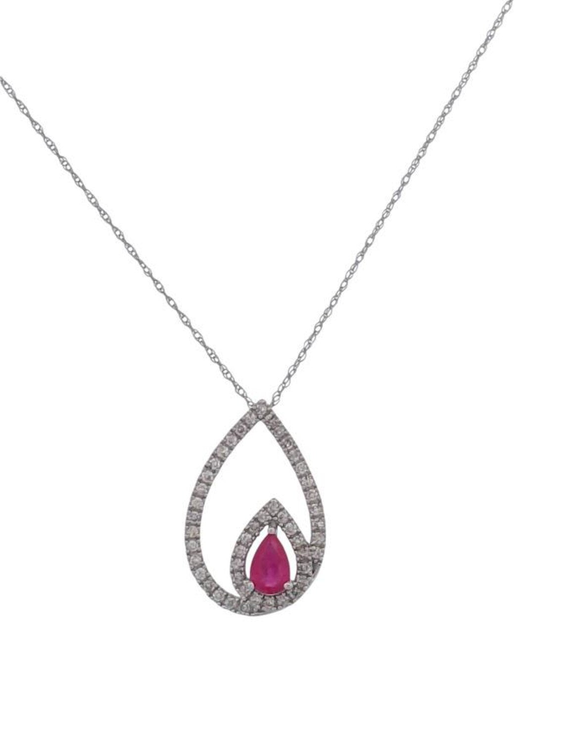 Camila | Pear-Shaped Ruby & Diamond Halo Necklace, 33 ctw Round Diamond Halo Pendent Necklace,  Oval Ruby and Natural Diamond Pendent 18