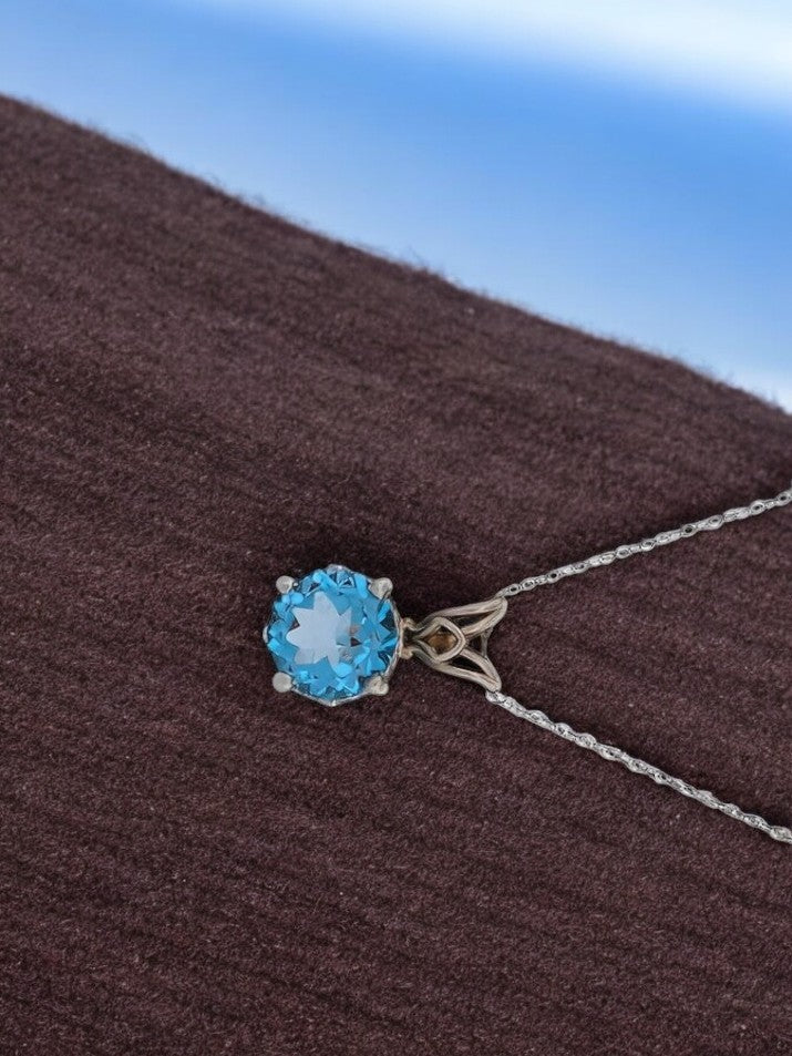 Josephine 14k White Gold Necklace| 2.75 CTW Blue Swiss Topaz| Delicate Topaz Necklace| Moissanite Halo Pendant