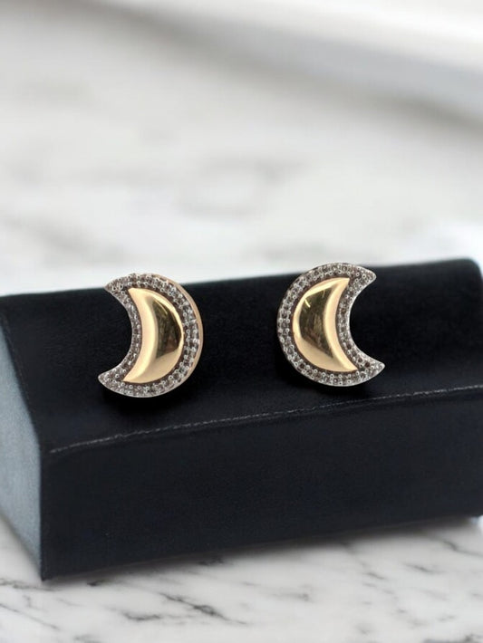 Gabriela | Moon Stud Earrings| Gold & Dimond Crescent Moons Bordered Earrings| Moon Earrings