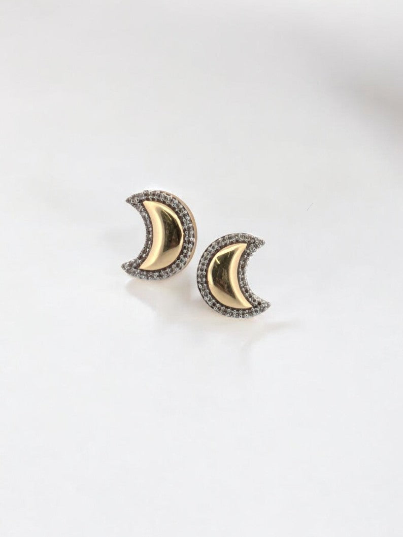 Gabriela | Moon Stud Earrings| Gold & Dimond Crescent Moons Bordered Earrings| Moon Earrings