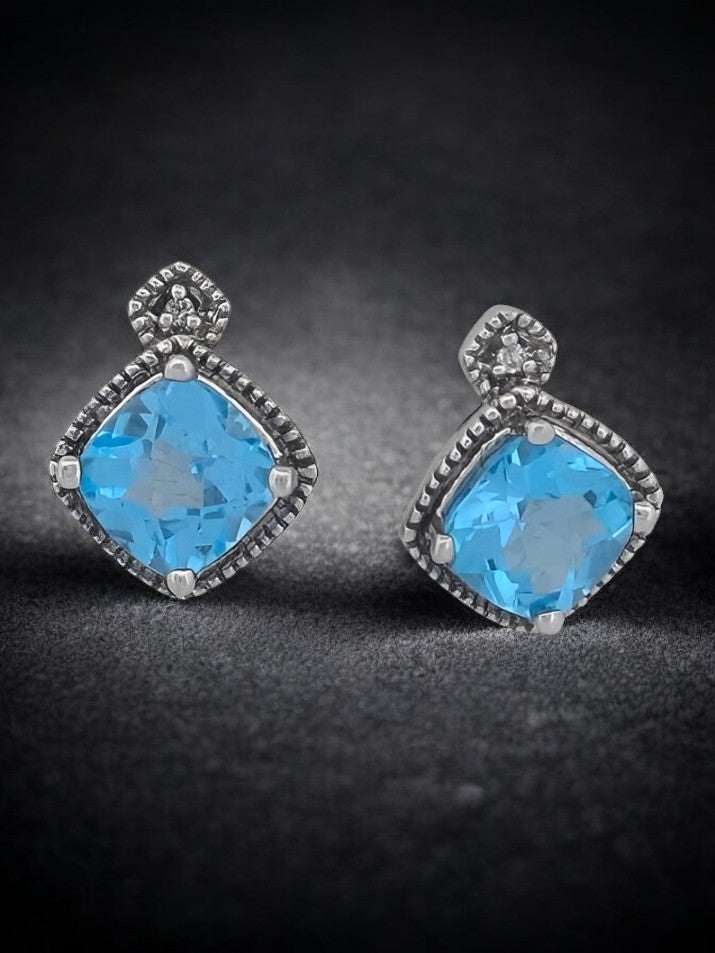 Bernadette | .23 Ctw Blue Topaz| 14k White Gold Stud Earrings| Sterling Silver Prong Set