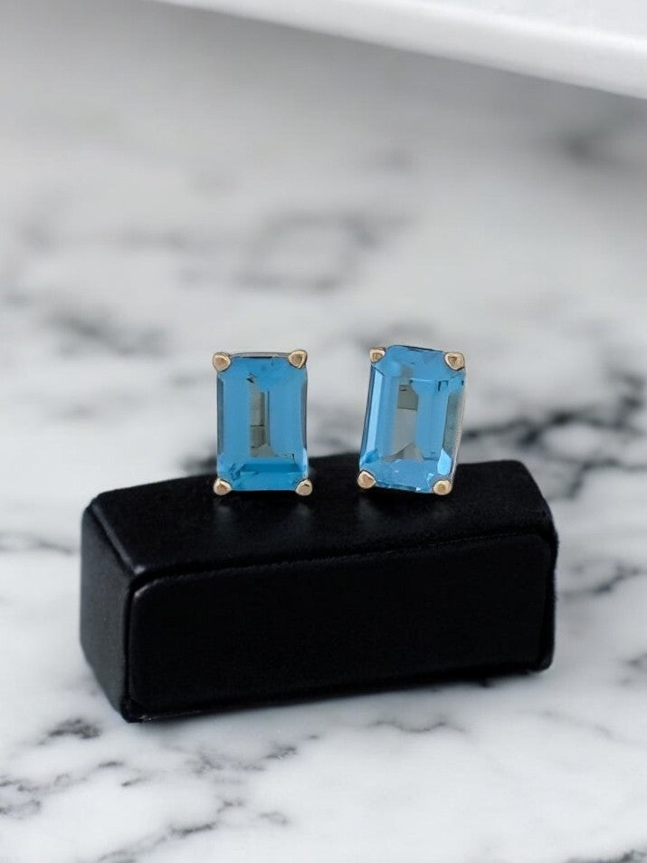 Blanche | .66 ctw Gold Stud Earrings| Blue Topaz Cut Earrings| Square Cut Earrings