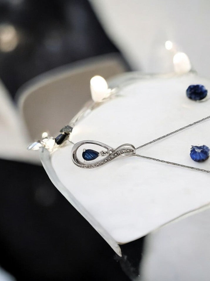 Ida 14k White Gold Natural Sapphire Necklace| 1/2 Ctw White Diamonds Pendent| Blue Cut Sapphire Necklace 18" chain.