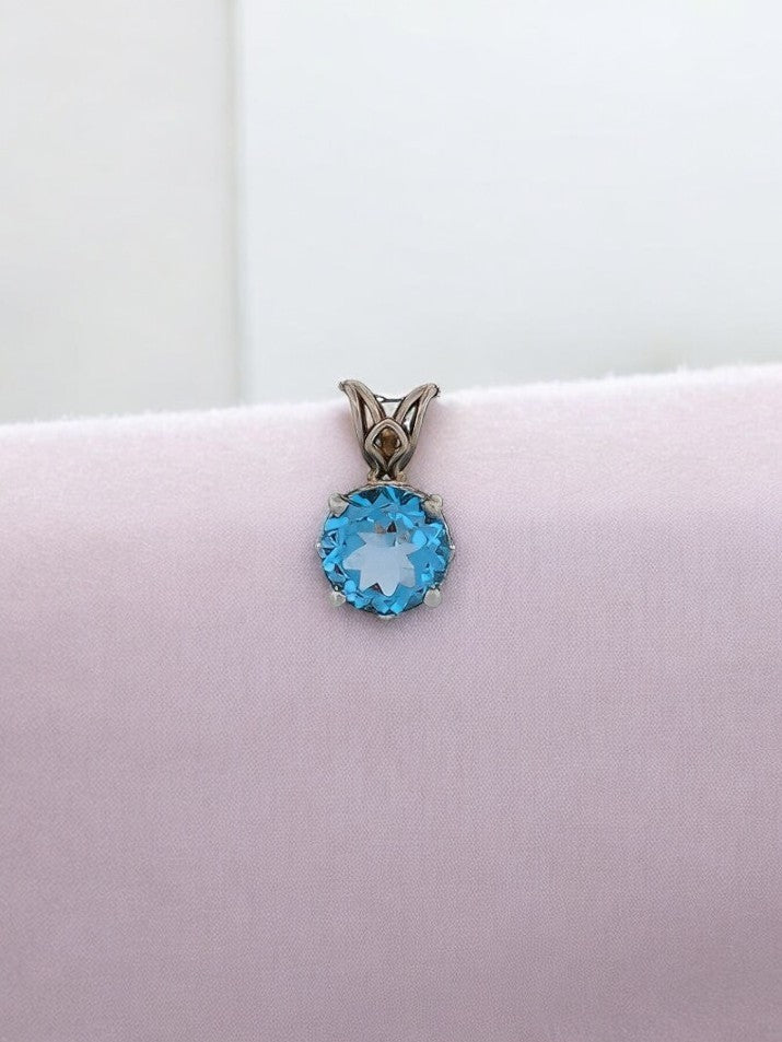 Josephine 14k White Gold Necklace| 2.75 CTW Blue Swiss Topaz| Delicate Topaz Necklace| Moissanite Halo Pendant