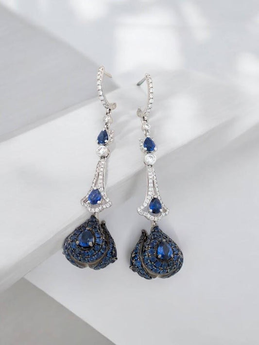 Lydia | 18k White Gold Sapphires Dangle Earrings| .73 ctw Diamond Blue Sapphire Earrings| Natural Sapphire 1.5