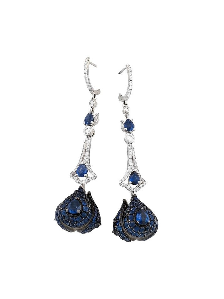 Lydia | 18k White Gold Sapphires Dangle Earrings| .73 ctw Diamond Blue Sapphire Earrings| Natural Sapphire 1.5