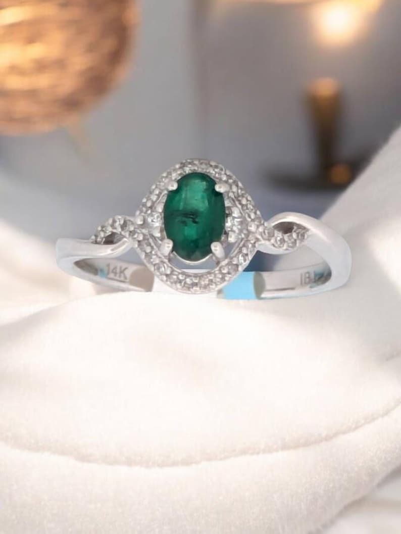 Gladys Natural Emerald Ring| 14k Solid White Gold .20 ctw Diamond| White Gold Emerald & Diamond