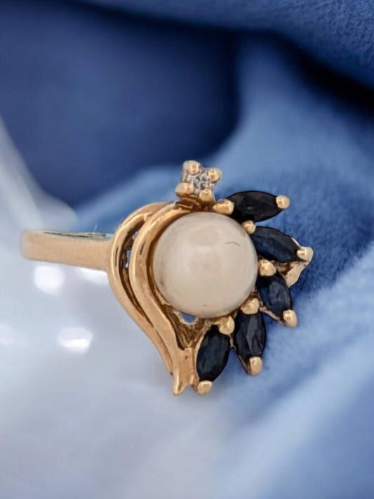 Lori | 14K Yellow Gold with Natural Sapphires Round White Pearl Ring| Cultured Pearl Sapphire Ring