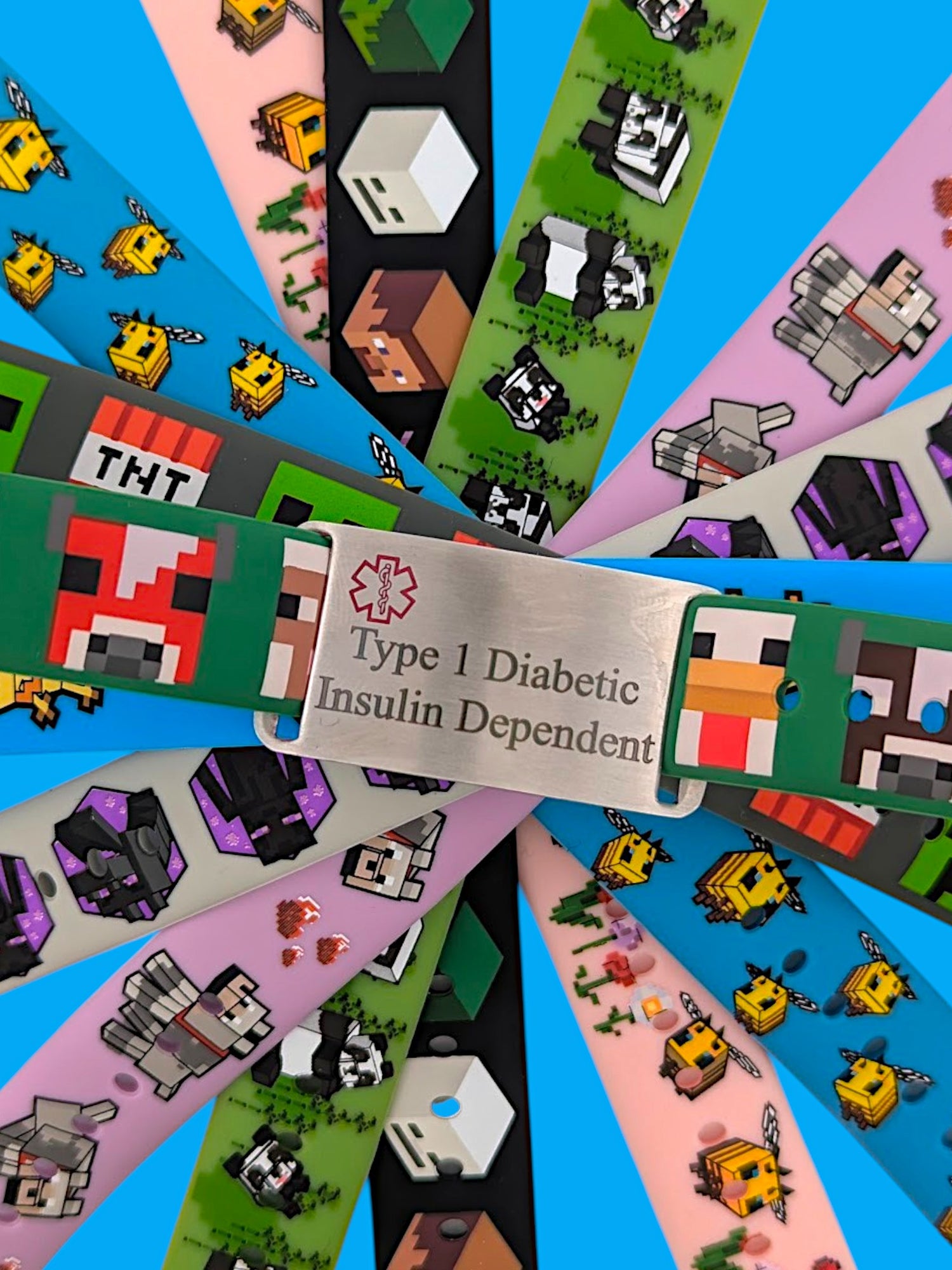 Personalized Minecraft medical ID bracelet with silicone band and stainless steel clasp