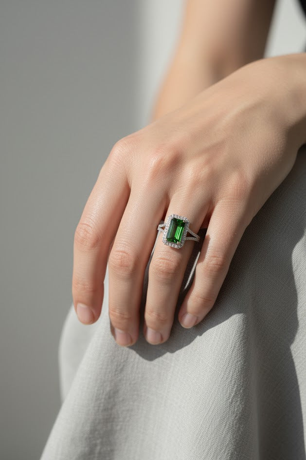 Marah | 14k White Gold | Green Tourmaline and Diamond | Ring