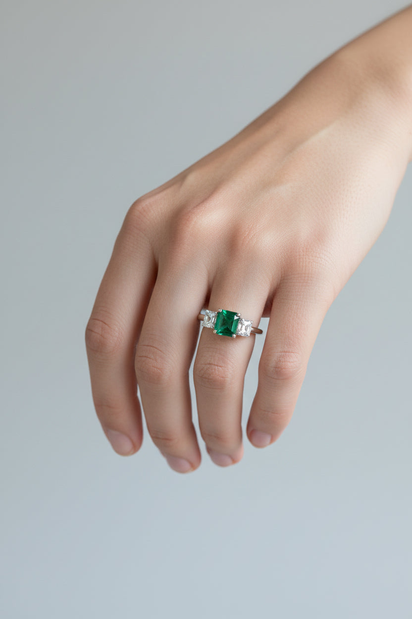 Seraphina | 14k White Gold | Emerald and Natural Diamond | Ring